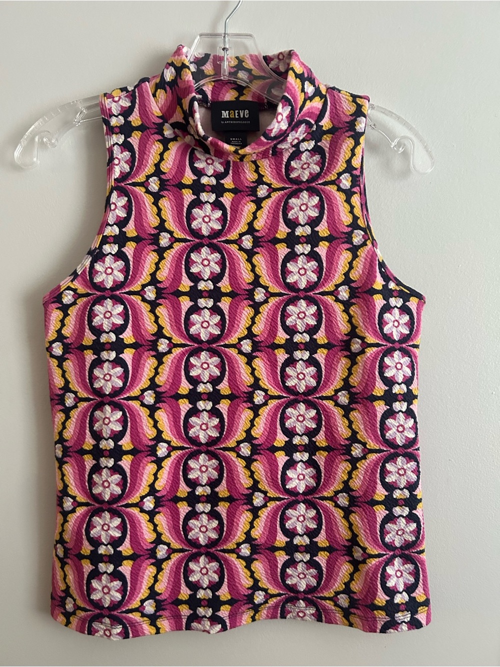 Anthropologie Maeve Mock Turtle Sleeveless Top Geometric Floral Retro Artsy